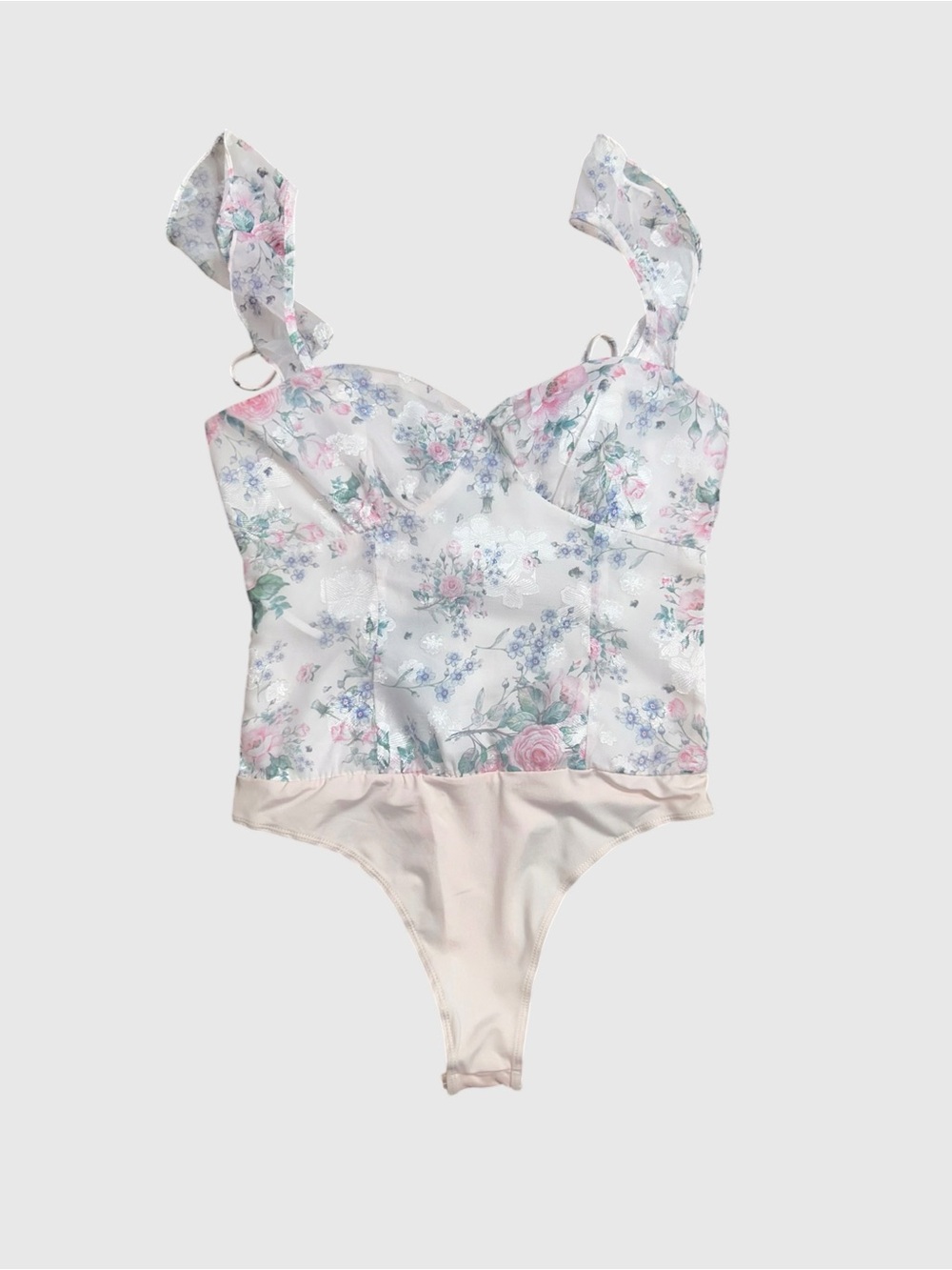 Lulus Niella Blush Floral Ruffled Bodysuit Pastel Corset Top Bustier Sz S